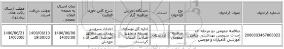 مناقصه عمومی دو مرحله ای احداث سرویس بهداشتی مناطق آموزشی  کامیاران و موچش