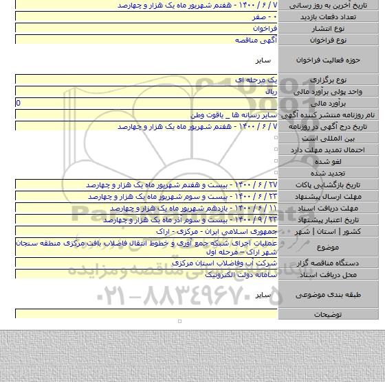 عملیات اجرای شبکه جمع آوری و خطوط انتقال فاضلاب بافت مرکزی منطقه سنجان شهر اراک – مرحله اول