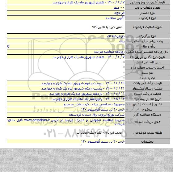 خرید ۲۰ تن سیم آلومینیوم ۱۲۰
