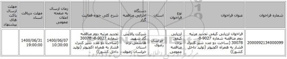 فراخوان ارزیابی کیفی تجدید مرتبه دوم مناقصه شماره 9027-8- 30078 (ساخت دو عدد شیر کنترل فشار به همراه اکچیوتر (تولید داخل کشور))