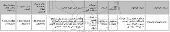 مناقصه عمومی یک مرحله ای واگذاری امور خدمات شهر و فضای سبز شهرداری یونسی