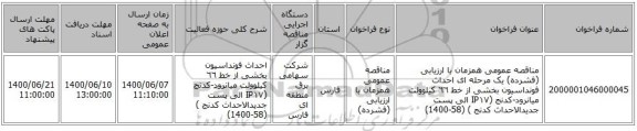 مناقصه عمومی همزمان با ارزیابی (فشرده) یک مرحله ای احداث فونداسیون بخشی از خط ٦٦ کیلوولت میانرود-کدنج (IP١٧ الی پست جدیدالاحداث کدنج ) (58-1400)