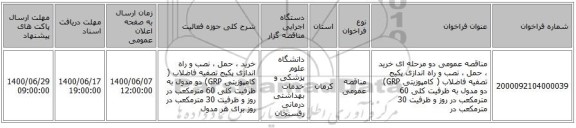 مناقصه عمومی دو مرحله ای خرید ، حمل ، نصب و راه اندازی پکیج تصفیه فاضلاب ( کامپوزیتی GRP) دو مدول به ظرفیت کلی 60 مترمکعب در روز و ظرفیت 30 مترمکعب در