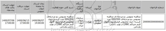 مناقصه عمومی دو مرحله ای مناقصه عمـومی دو مرحـله‌ای 000/200 عدد کیـسه خـون مخصوص فیلتراسیون گلبول قرمز متراکم RBC)) از تولید داخلی-وارداتی