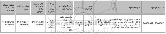مناقصه عمومی یک مرحله ای خرید ، نصب و راه اندازی 30 دستگاه بی سیم دیجیتال ثابت و 18 دستگاه بی سیم  دستی و یک دستگاه تکرار کننده جهت مرکز حوادث و فوریت
