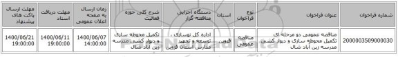 مناقصه عمومی دو مرحله ای تکمیل محوطه سازی و دیوار کشی  مدرسه زین آباد شال
