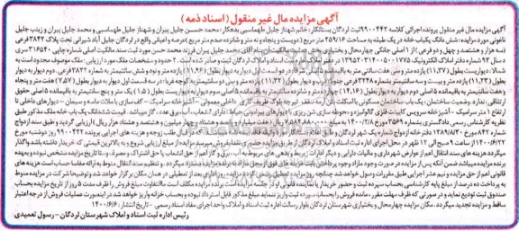 آگهی مزایده مزایده ششدانگ یکباب خانه 259.16 مترمربع