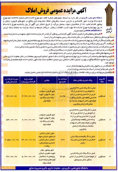 آگهی مزایده،مزایده فروش املاک کاربری مسکونی