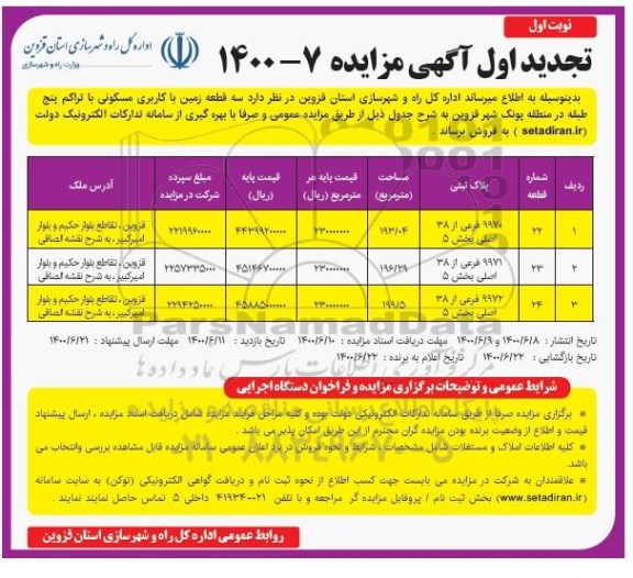 مزایده،مزایده فروش سه قطعه زمین با کاربری مسکونی نوبت اول
