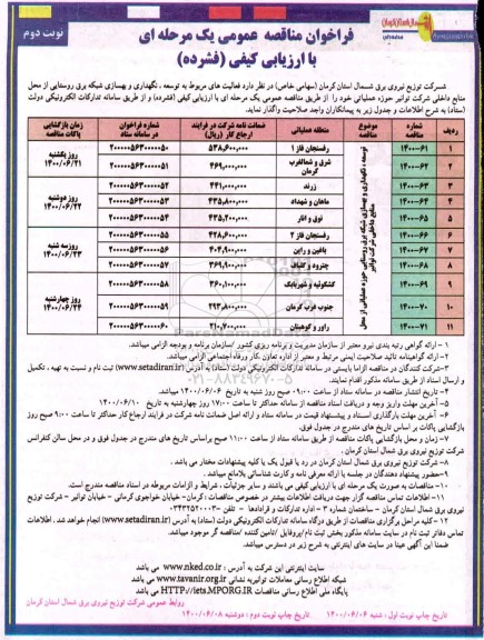 مناقصه عمومی توسعه، نگهداری و بهسازی شبکه برق روستایی - نوبت دوم