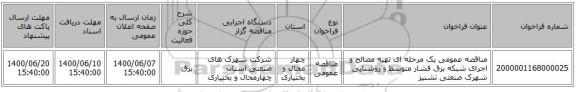 مناقصه عمومی یک مرحله ای تهیه مصالح و اجرای شبکه برق فشار متوسط و روشنایی شهرک صنعتی تشنیز