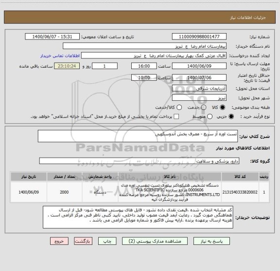 استعلام تست اوره آز سریع - مصرف بخش آندوسکوپی