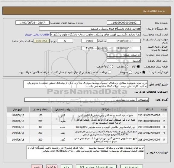 استعلام خرید مواد شوینده مطابق برندهای  لیست پیوست مواردی که برند ندارد از برندهای معتبر استفاده شودو باید به تایید کارشناس برسد  ایران کدها مشابه می باشند 