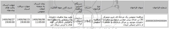 مناقصه عمومی یک مرحله ای خرید متمرکز 30 تن غذای پیش مولدین و مولدین ماهیان خاویاری  موجود در مراکز بازسازی و حفاظت از ذخایر ژنتیکی آبزیان
