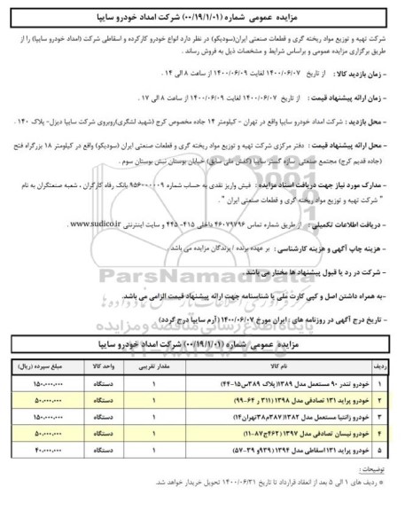 مزایده، مزایده انواع خودرو کارکرده و اسقاطی