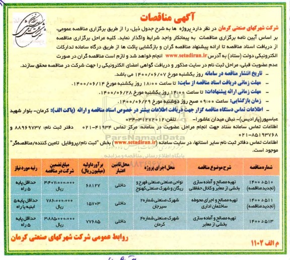 مناقصه تهیه مصالح و آماده سازی بخشی از معابر...