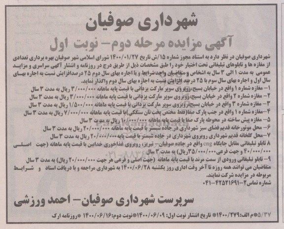 مزایده، مزایده بهره برداری تعدادی از مغازه ها و تابلوهای تبلیغاتی تحت اختیار - مرحله دوم نوبت اول