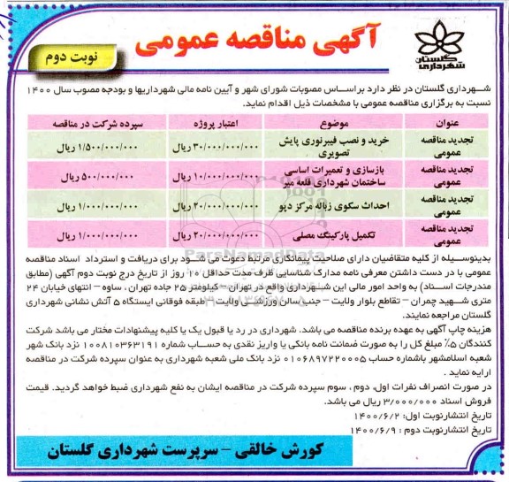 مناقصه عمومی، مناقصه عمومی خرید و نصب فیبر نوری پایش تصویری