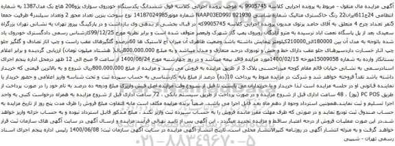 آگهی مزایده ششدانگ یکدستگاه خودروی سواری پژو206