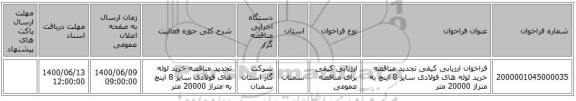 فراخوان ارزیابی کیفی تجدید مناقصه  خرید لوله های فولادی سایز 8 اینچ به متراژ 20000 متر