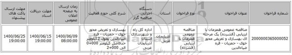 مناقصه عمومی همزمان با ارزیابی (فشرده) یک مرحله ای بهسازی و تعریض محور خوی - حمزیان - قره ضیاءالدین