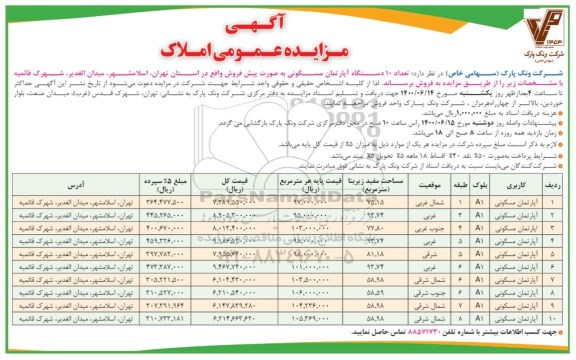 مزایده، مزایده تعداد 10 دستگاه آپارتمان مسکونی