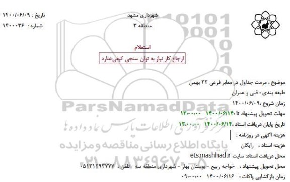 استعلام مرمت جداول در معابر فرعی