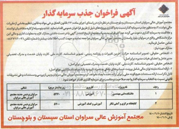  فراخوان جذب سرمایه گذار