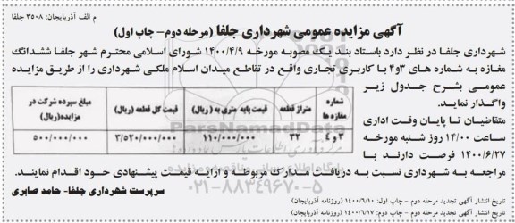 تجدید مزایده،تجدید مزایده واگذاری مغازه شماره 3 و 4