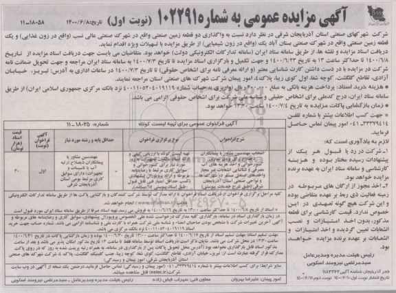 مزایده واگذاری دو قطعه زمین صنعتی