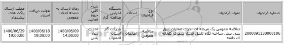 مناقصه عمومی یک مرحله ای اجرای عملیات دیوار بتنی پیش ساخته تگاه تقلیل فشار شهرک گلخانه ای دامنه