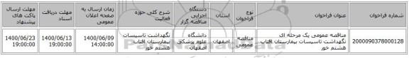 مناقصه عمومی یک مرحله ای نگهداشت تاسیسات بیمارستان افتاب هشتم خور