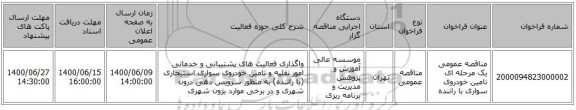 مناقصه عمومی یک مرحله ای تامین خودروی سواری با راننده