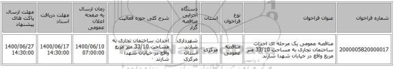 مناقصه عمومی یک مرحله ای احداث ساختمان تجاری به مساحت 33/10 متر مربع واقع در خیابان شهدا شازند 