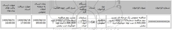 مناقصه عمومی یک مرحله ای تجدید دوم مناقصه شماره1400/11723 خرید 2.400.000 عدد لوله خونگیری درب بنفش