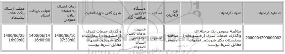 مناقصه عمومی یک مرحله ای واگذاری خدمات لندری (رختشویخانه) بیمارستان دکتر شریعتی اصفهان مطابق شریط پیوست