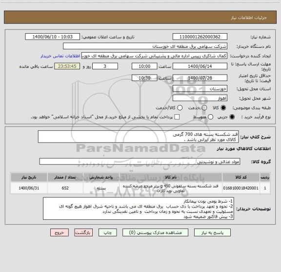 استعلام قند شکسته بسته های 700 گرمی  
 کالای مورد نظر ایرانی باشد .