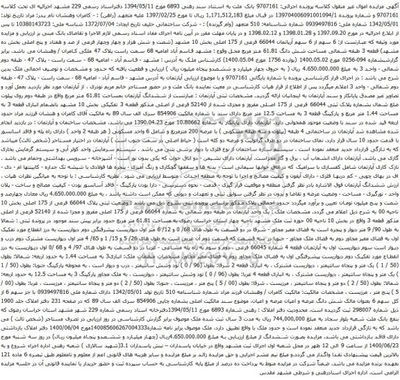 آگهی مزایده 6 سهم از 6 سهم آرپاتمان 66044 فرعی از 175 اصلی بخش 10