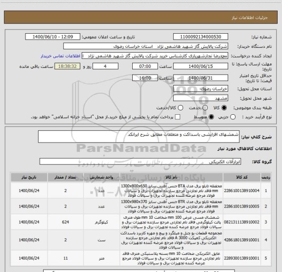 استعلام شمشهای افزایشی باسداکت و متعلقات مطابق شرح ایرانکد