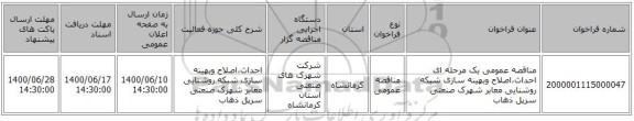 مناقصه عمومی یک مرحله ای احداث،اصلاح وبهینه سازی شبکه روشنایی معابر شهرک صنعتی سرپل ذهاب