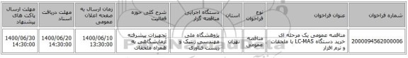 مناقصه عمومی یک مرحله ای خرید دستگاه LC-MAS با ملحقات و نرم افزار