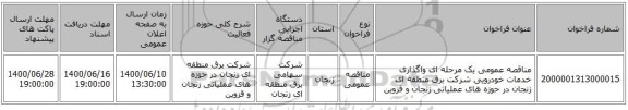 مناقصه عمومی یک مرحله ای واگذاری خدمات خودرویی شرکت برق منطقه ای زنجان در حوزه های عملیاتی زنجان و قزوین