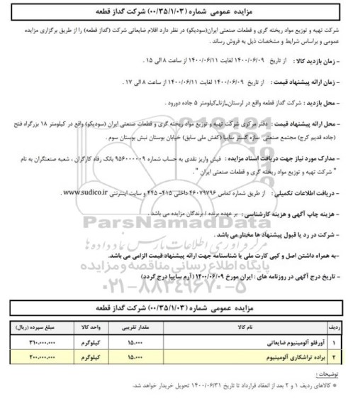 مزایده اقلام ضایعاتی شرکت (گداز قطعه)