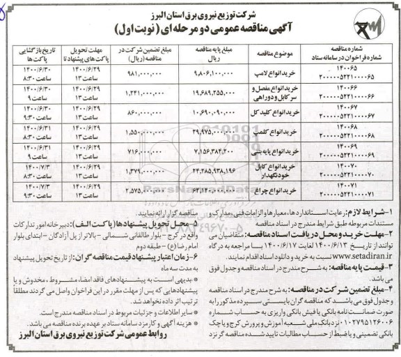 مناقصه، مناقصه خرید لامپ 