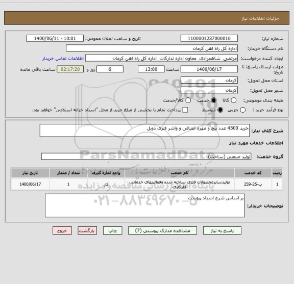 استعلام خرید 4500 عدد پیچ و مهره اتصالی و واشر فنری دوبل