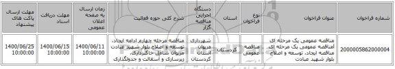مناقصه عمومی یک مرحله ای lمناقصه عمومی یک مرحله ای مناقصه ایجاد، توسعه و اصلاح بلوار شهید عبادت