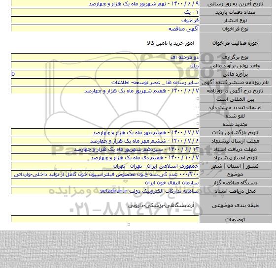 ۰۰۰/۲۰۰ عدد کیـسه خـون مخصوص فیلتراسیون خون کامل از تولید داخلی-وارداتی