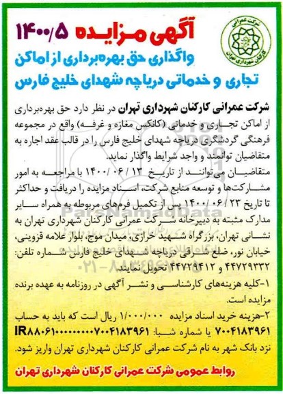 مزایده،مزایده حق بهره برداری از اماکن تجاری و خدماتی