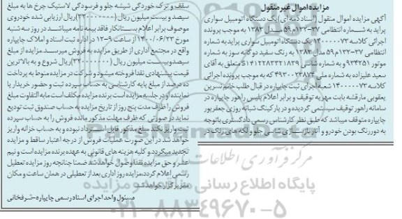 مزایده فروش یکدستگاه سواری پراید مدل 1383
