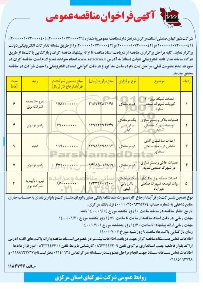 فراخوان،فراخوان مناقصه عمومی احداث شبکه برق 20  کیلوولت شهرک صنعتی....